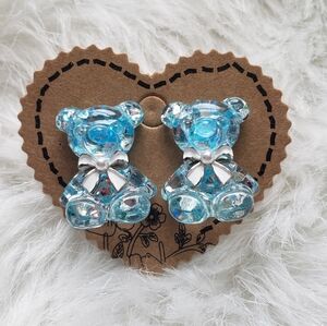 Handmade Silver Blue Bear with White Pearl Bow Stud Earrings